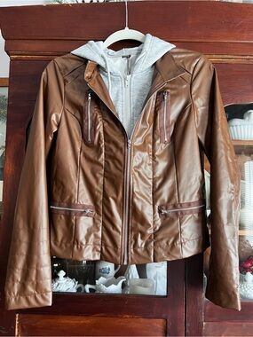 Women's Brown Faux Leather Zip-Front Jacket with Gray Hoodie Insert